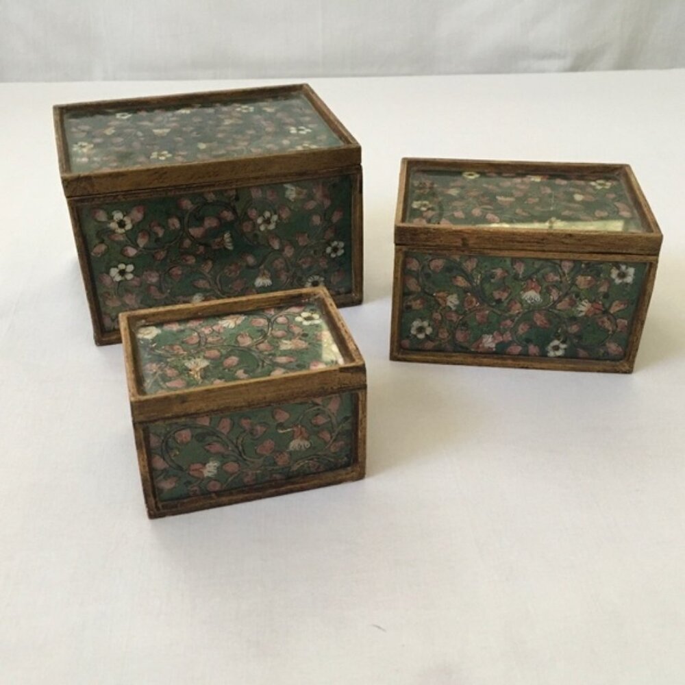 Vintage Floral Wood Lidded Nesting Trinket Boxes